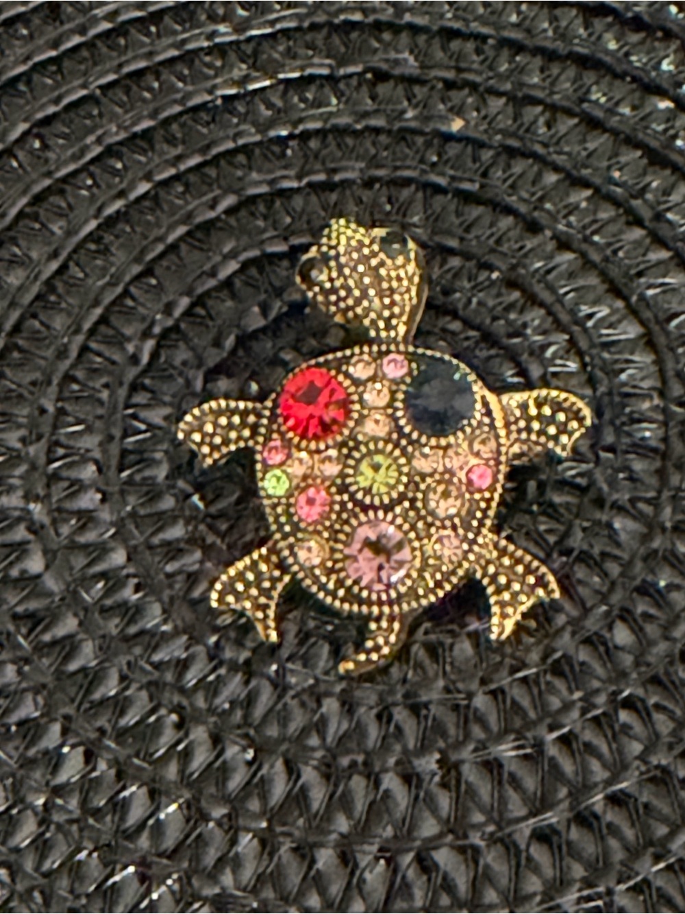 Gold Turtle Rhinestone Brooch with Multicolor Gems